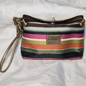 Coach LegacyStripe Satin Turnlock Wristlet Multicolor Gold Y2K